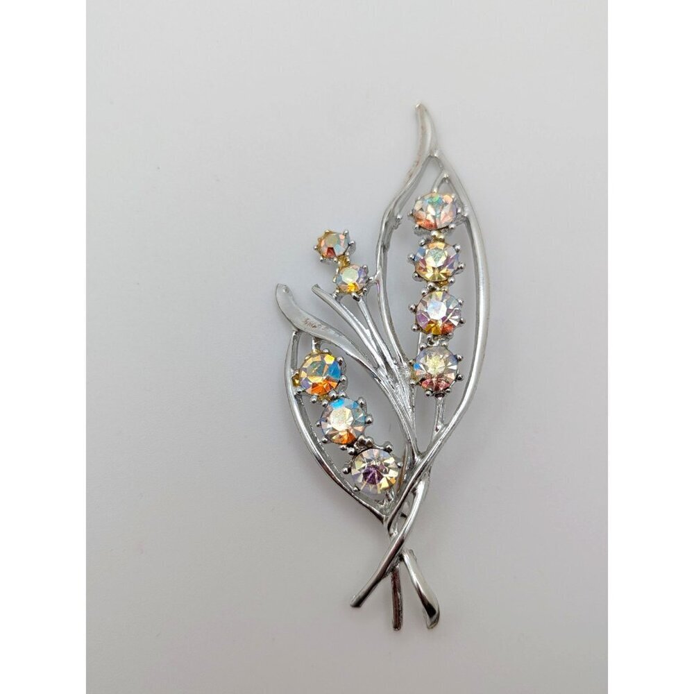 Vintage Aurora Borealis AB Brooch Pin Blue Rhinestone Lily of the Valley